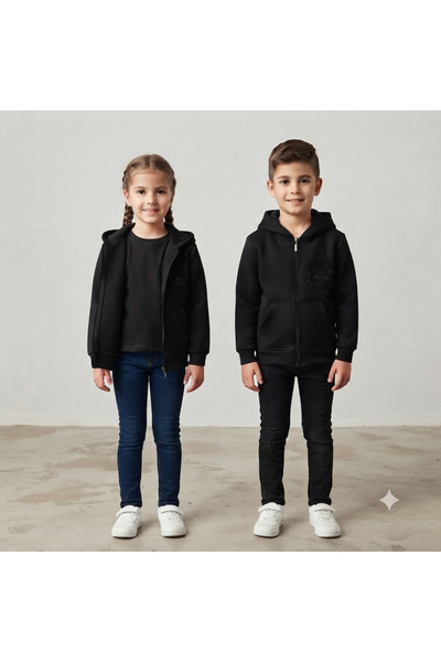 CUBBUX Boy's Hooded Jacket with Zipper and Embroidery Detail, Pocketed Cardigan