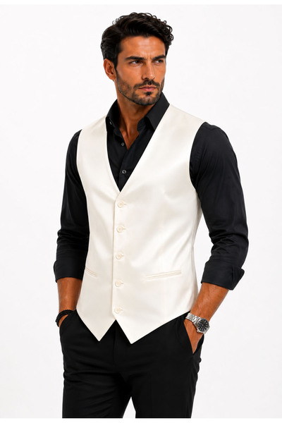 MENTOR REGALO Men's V-Neck Vest in Ecru Satin Suitable for Grooms 50312