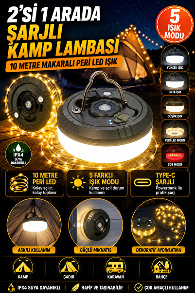 Hane Dostu 2'si 1 Arada Şarjlı Kamp Lambası 10 Metre Peri LED Işık Mıknatıslı...