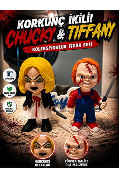JOY 3D Chucky ve Gelini Koleksiyon Figür Seti Dekoratif Korku Figürü 16cm