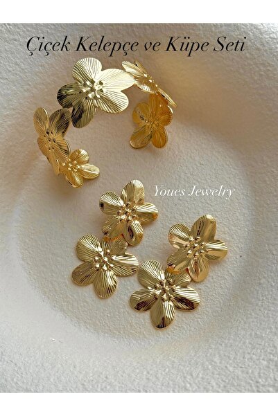 YOUES JEWELRY ÇELİK ÇİÇEK KELEPÇE KÜPE SETİ