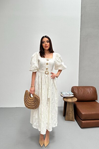 Clothes Fast Women's White Midi Dress Square Collar Balloon Sleeves Belted Th...