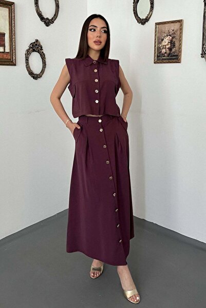 Clothes Fast Women's Plum Vest Skirt Set with Shirt Collar, Cropped Buttons, ...