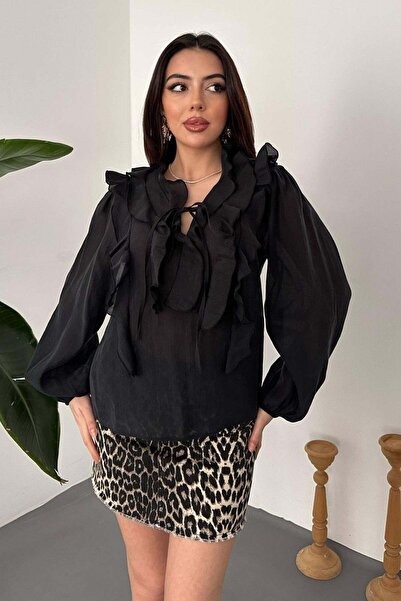 Clothes Fast Γυναικεία μαύρη υφαντή μπλούζα με βολάν, λεπτομέρεια δεσίματος κ...