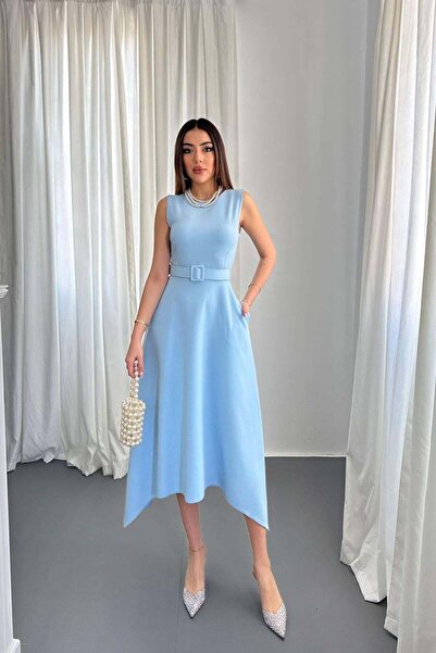 Moda Days Γυναικείο Baby Blue Ασύμμετρη Φούστα με Ζώνη, Μίντι Σατέν Αμάνικο Φ...