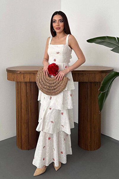 Moda Days Rochie maxi florală pentru femei, cu imprimeu cu flori roșii, cu br...