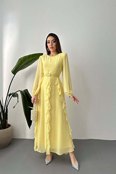 Clothes Fast فستان ماكسي نسائي من الشيفون الأصفر بياقة دائرية وحزام وأكمام با...