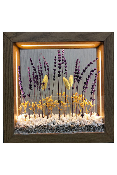 Işıklı Dekoratif Çerçeve LED Mor Kuru Bitki El Yapımı Botanik Obje 31x31x6 cm