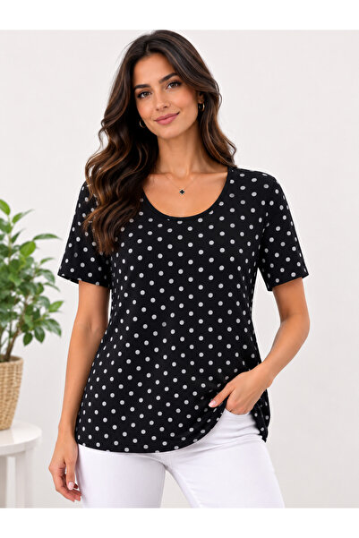 İyisini İstersen Women's Navy Blue Polka Dot Oval Neck Short Sleeve Plus Size...