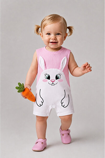 BABYDEN'S Baby Girl Romper Summer 100% Cotton Ribbed Sleeveless Rabbit Printe...