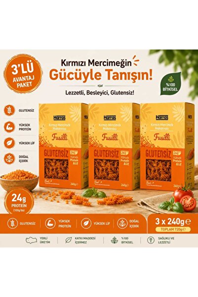 Harras Glutensiz Proteinli Kırmızı Mercimek Makarnası Fusilli 3x240g