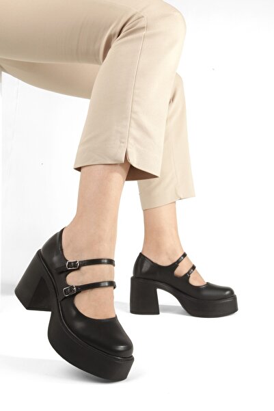 Modabuymus Double Strap Black Matte Mary Jane High Thick Platform Heeled Shoe...