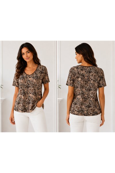 İyisini İstersen Women's Ground Cream Shawl Patterned Short Sleeve Oval Collar Plus Size Blouse