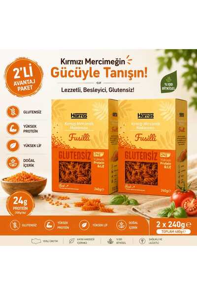 Harras Glutensiz Proteinli Kırmızı Mercimek Makarnası Fusilli 2x240g