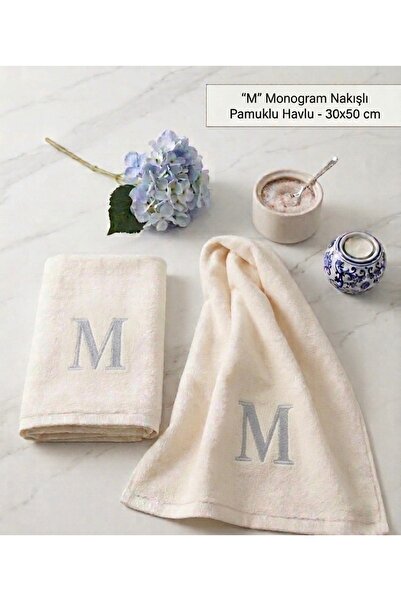 Denef Home Monogram Letter m Silver Embroidered Cotton Towel 30X50 cm