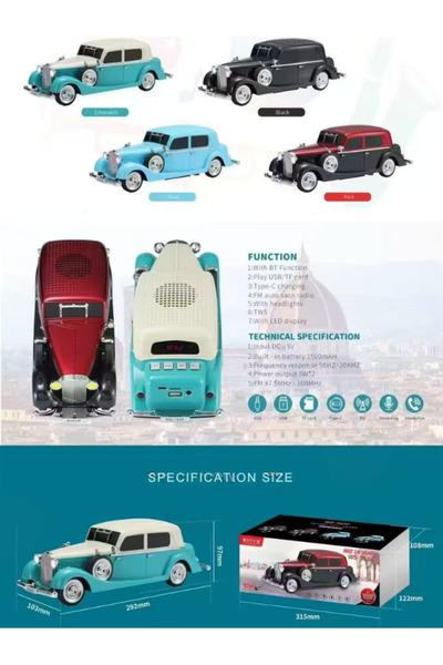 Teknoloji Gelsin Retro Bluetooth Hoparlör 10W Vintage Araba Tasarımlı FM Radyo USB TF Kart Destekli Tws Stereo