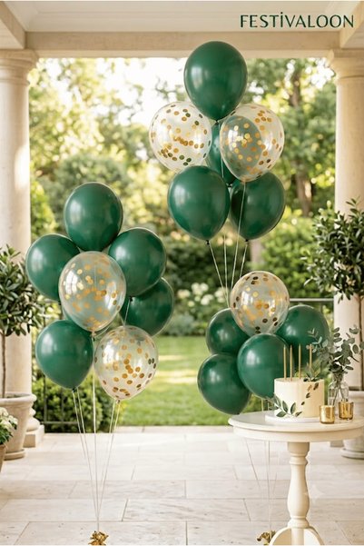 FESTİVALOON Set of 20 Green Gold Confetti Transparent Balloons 11 Inch Birthd...
