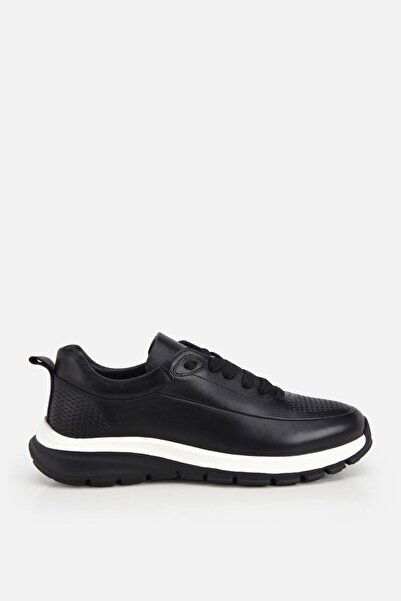 Yaya by Hotiç Erkek Siyah Deri Kontrast Tabanlı Bağcıklı Sneaker