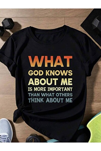 NOURAM 1pc Women' God Knows About Me Quote Print White TShirt, Crew Neck, Cas...