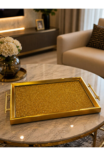 Leila Lüks Çerçeveli Sunum Tepsisi Gold Kasa Gold Simli Dekoratif Tepsi 46x28 cm