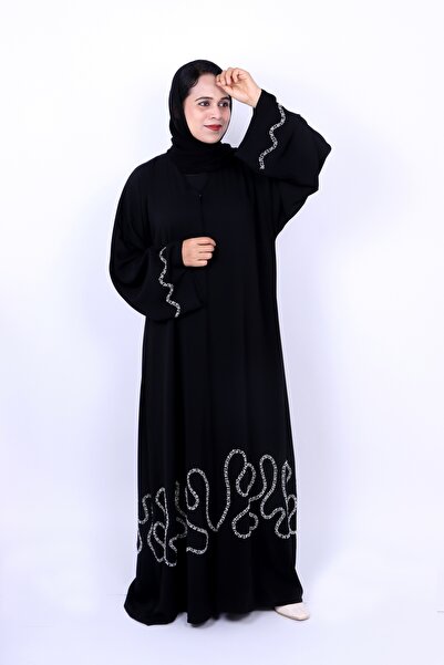 Izzah Bella Elegant Black Abaya with Intricate White Embroidery Border