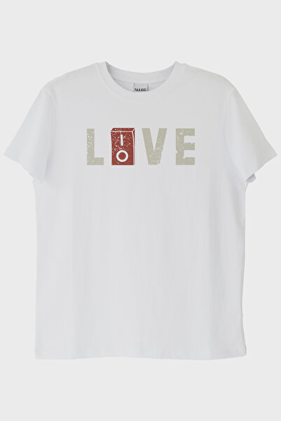 lofux Liove Electric Button Printed Modern White T-Shirt