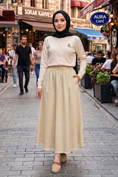 Modestim Tesettür Kadın Bej Beli Lastikli Cepli Etek Ucu Püsküllü Tesettür Uz...