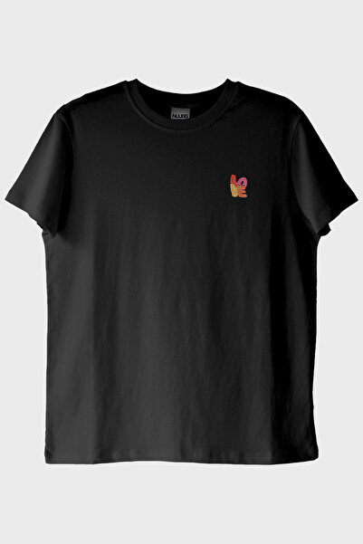 lofux Lo-Ve Patterned Embroidery Black T-Shirt - Valentine's Day Design