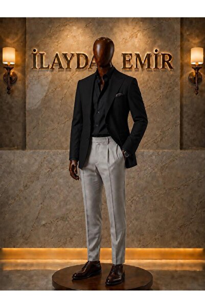 ilayda emir Men's 3 Piece Combination Black Blazer Jacket Black Shirt Gray Fa...