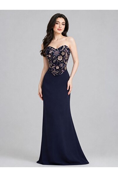 ranin Navy Blue Evening Dress Barbie Kevla Beaded Embroidery Shawl