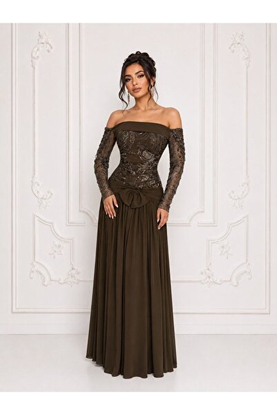 ranin Brown Evening Dress with Chiffon Embroidery and Cloche Tail.