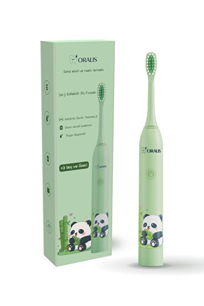 Çocuk Şarjlı Diş Fırçası, Titreşimli, 2 Yedek Başlık, IPX7 su geçirmez, Yeşil