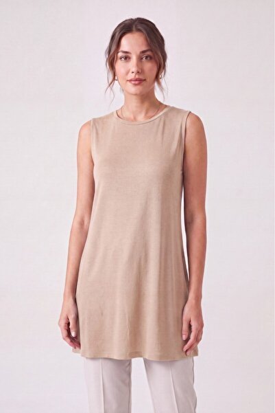 Betimoda Women's Four Seasons Crew Neck Sleeveless Viscose Short Tunic Beige
