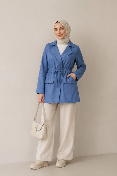 ShopFast Tünel Bağcıklı Cep Detaylı Keten Görünümlü Kimono-Ceket