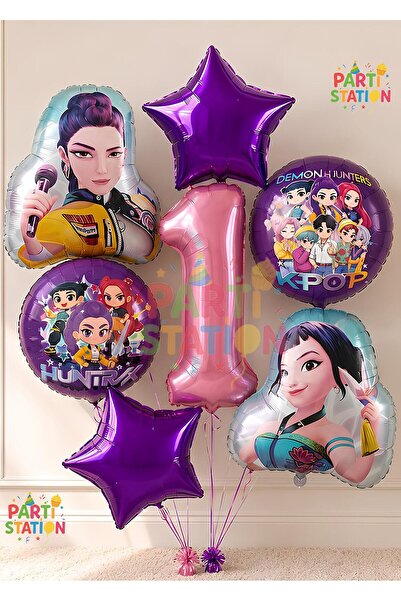 Parti Station K-Pop Balloon Set 1 Year Old Birthday Balloon Set 7 Piece Demon...