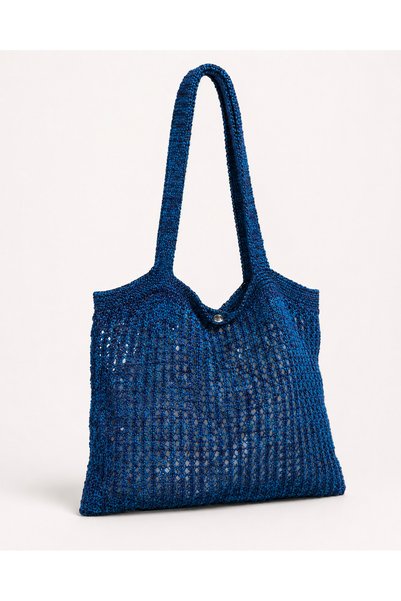 Feyora Women's Blue Navy Blue Sparkling Mesh Knitted Large Size Beach Bag Summer Shoulder Bag