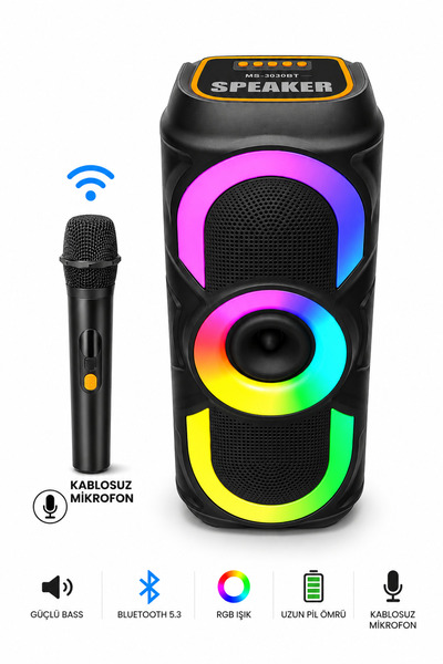 Weskam Bluetooth Hoparlör Yüksek Sesli Parti Kablosuz Mikrofonlu Kareoke Hopa...