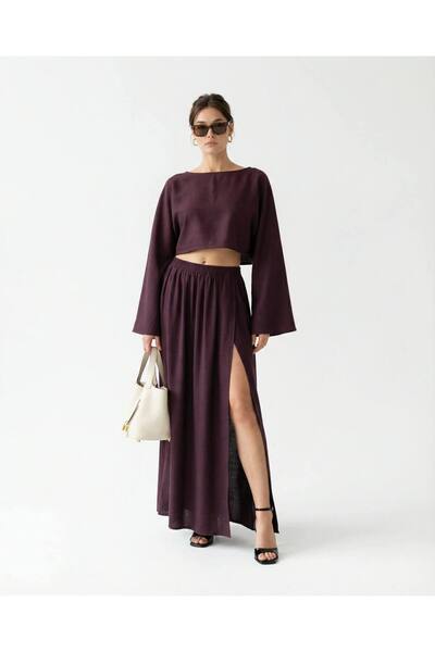 Häula Bordo %100 Keten Crop Bluz ve Yırtmaç Detaylı Maxi Etek Takım