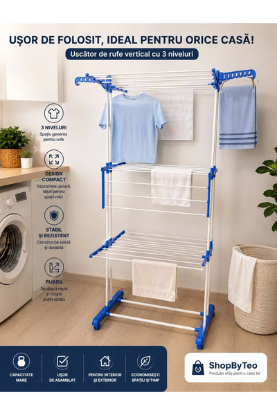 OEM Uscător de rufe 165.5×75×52cm, cu 3 niveluri metalice, capacitate de 50 k...