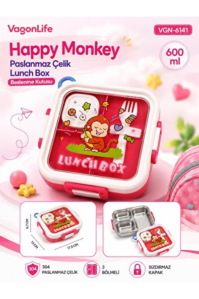 Vagonlife Happy Monkey Vgn-6141 Pink 600 ml Single Layer 3 Compartment Stainl...