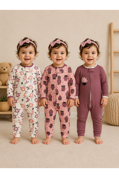 3’lü set - Premium %100 Pamuk Fermuarlı Uzun Kollu Bebek Tulumu Desenli Kız Erkek Bebek Tulumu 0-6 Ay | 6-12 Ay | 12-18 Ay