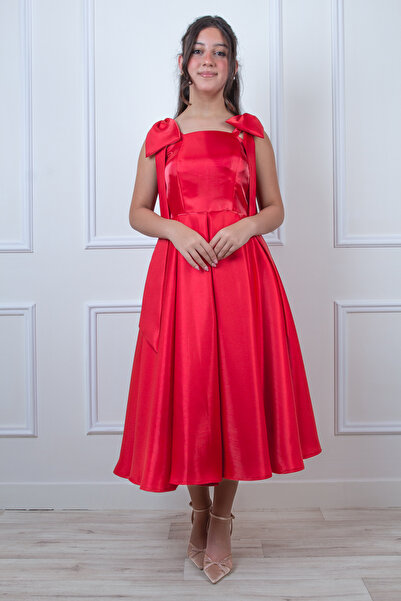 arushi Elegant Bow Detail Red Satin Midi Dress |