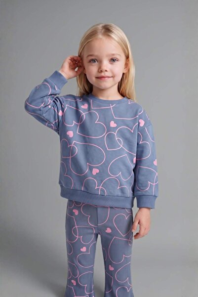 DeFacto Heart Patterned Crew Neck Sweatshirt Flexible Waisted Spanish Leg Bot...