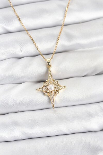 deluxe takı ve giyim 316L Steel Chain Gold Color Polar Star Model Zircon Ston...