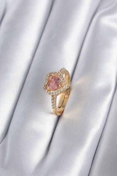 DMR Elegance Brass Gold Color Pink Zircon Stone Heart Charm Model Women's Ring