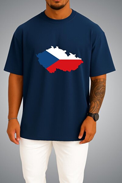 Bahriyeli Collection Oversize Czech Republic Flag and Map Chest Printed Unise...