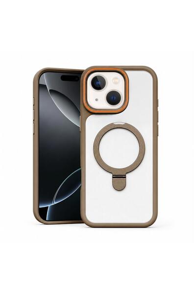 Zebana Apple iPhone 15 Uyumlu Kılıf MagRing Standlı Silikon Kılıf Desert Tita...