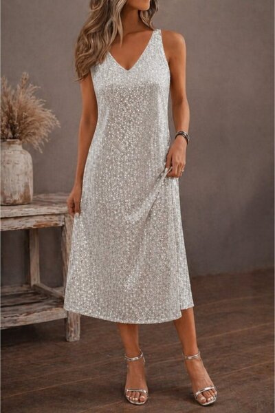 Modayakamoz Women's Strappy V-Neck Sequined Midi Dress