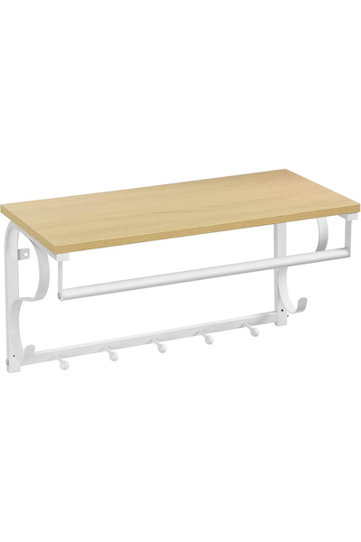 VASAGLE Cuier de perete cu raft, bară pentru umerașe și 5 cârlige, 60x30x32 c...