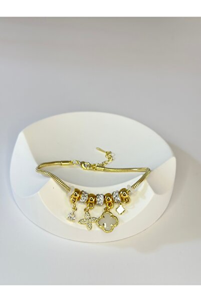 New Meluna Gold Renk Charm Detaylı Yonca Figürlü Taşlı Şık Tasarım Kadın Bile...